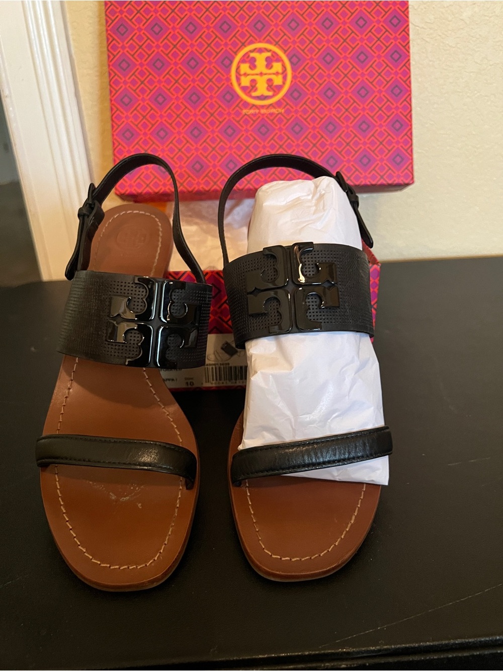 Tory Burch Black Leather Logo-Trim Slingback Sandals